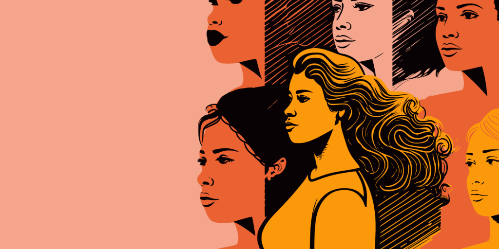 multiracial woman on a banner in different shades of pink yellow and orange