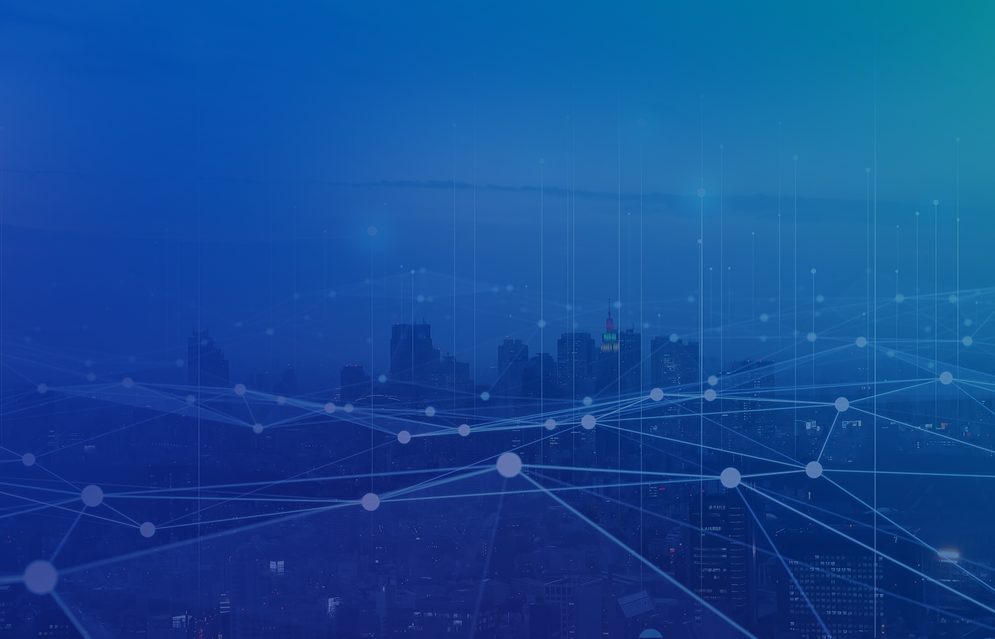 A graphic with data points linked throughout a cityscape.