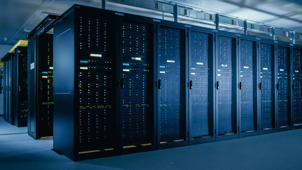 Rows of server racks in a data center, symbolizing IT infrastructure risk monitoring for vulnerability prioritization.