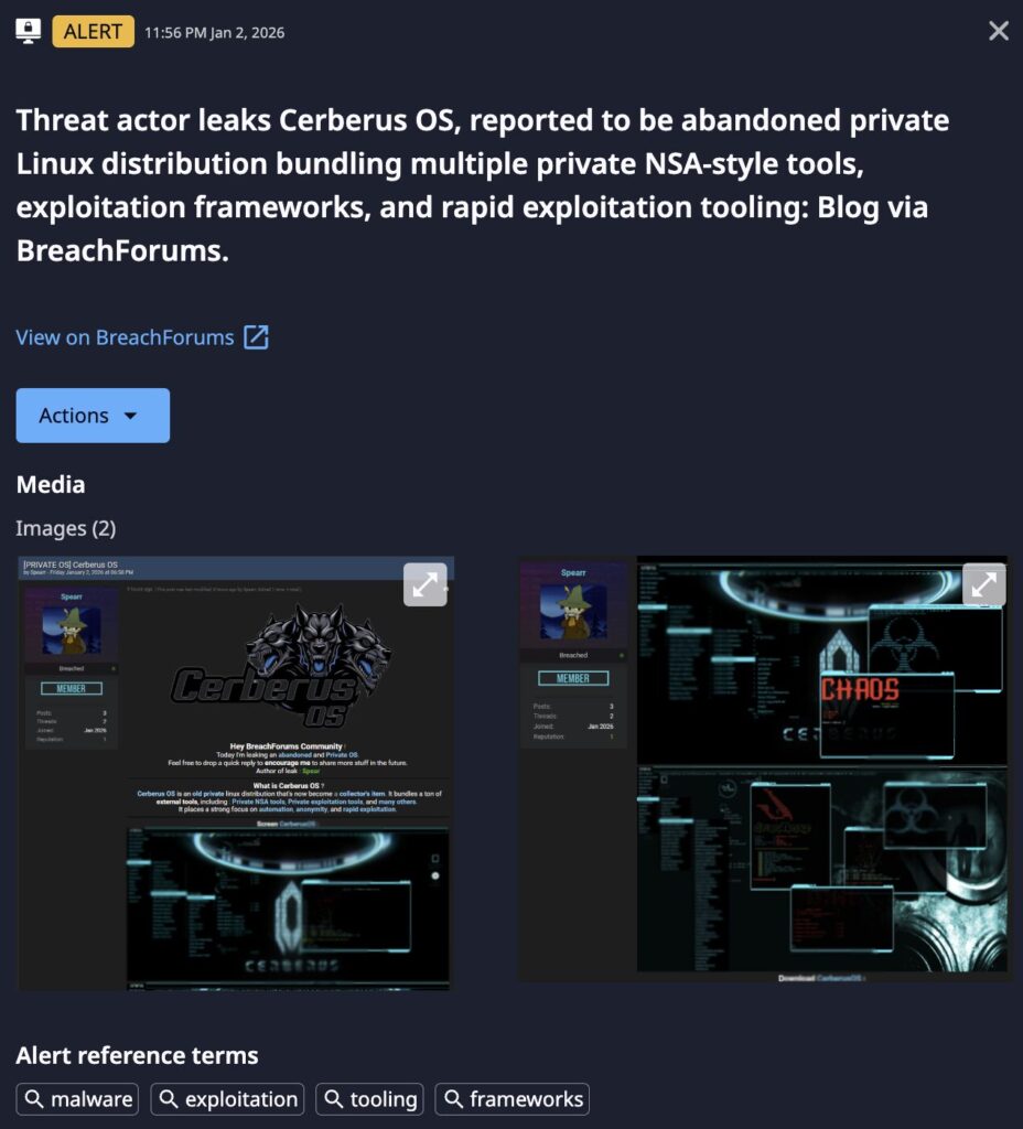 An image of the alert in Dataminr Pulse that first notified users of the leak of Cerberus OS