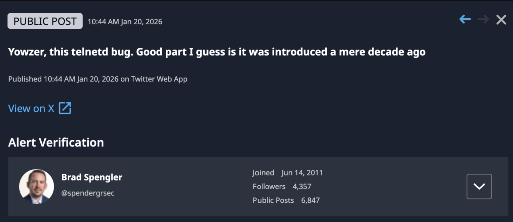 The first sign from chatter that there could be an issue with telnetd