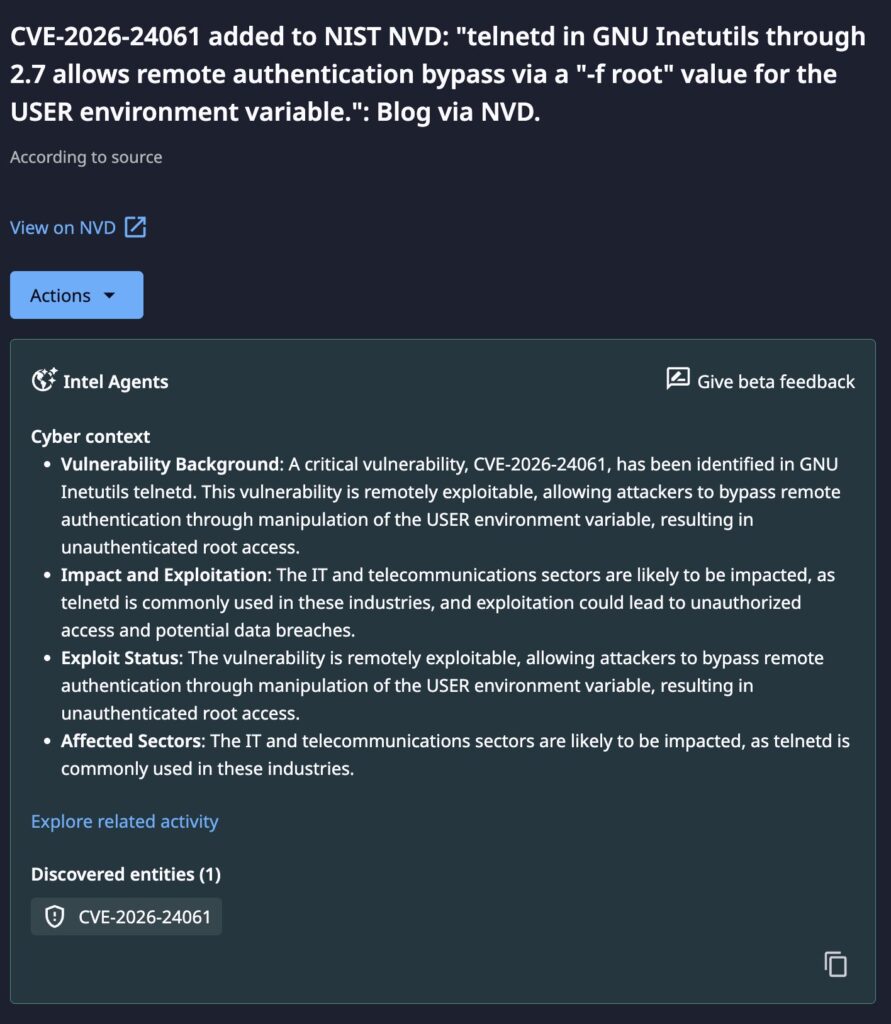 The Dataminr Alert about the vulnerability being added to the NVD, enhanced by Intel Agents