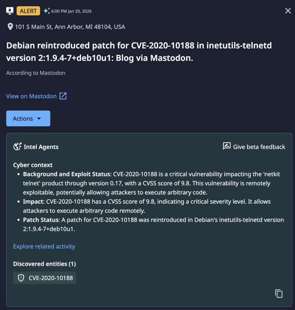 The first Dataminr Alert about the initial discovery of this vulnerability, enhanced by Intel Agents