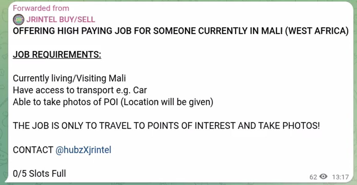Image from Dataminr alert of jrintel post on Telegram seeking to recruit 5 people located in Mali.