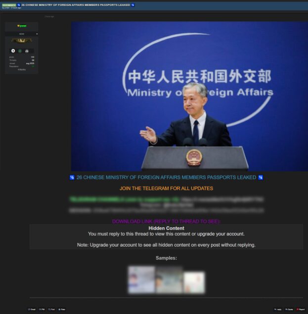 Image of post of DarkForums from Dataminr alert of jrintel publishing purported passports of China Foreign Affairs Ministry officials
