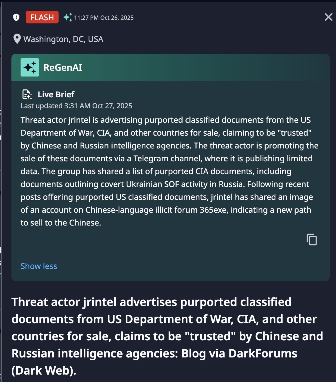 Dataminr alert of jrintel claim from DarkForums