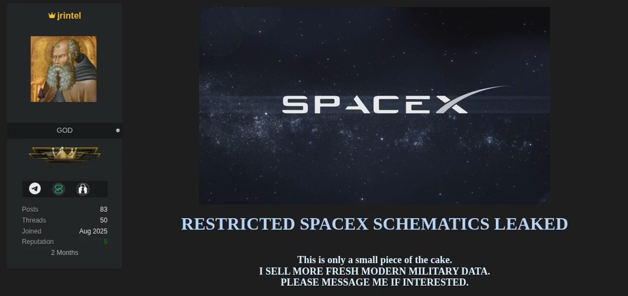 Image from Dataminr alert on Oct 26, 2025 of post by jrintel on DarkForum publishing sensitive documentation related to SpaceX