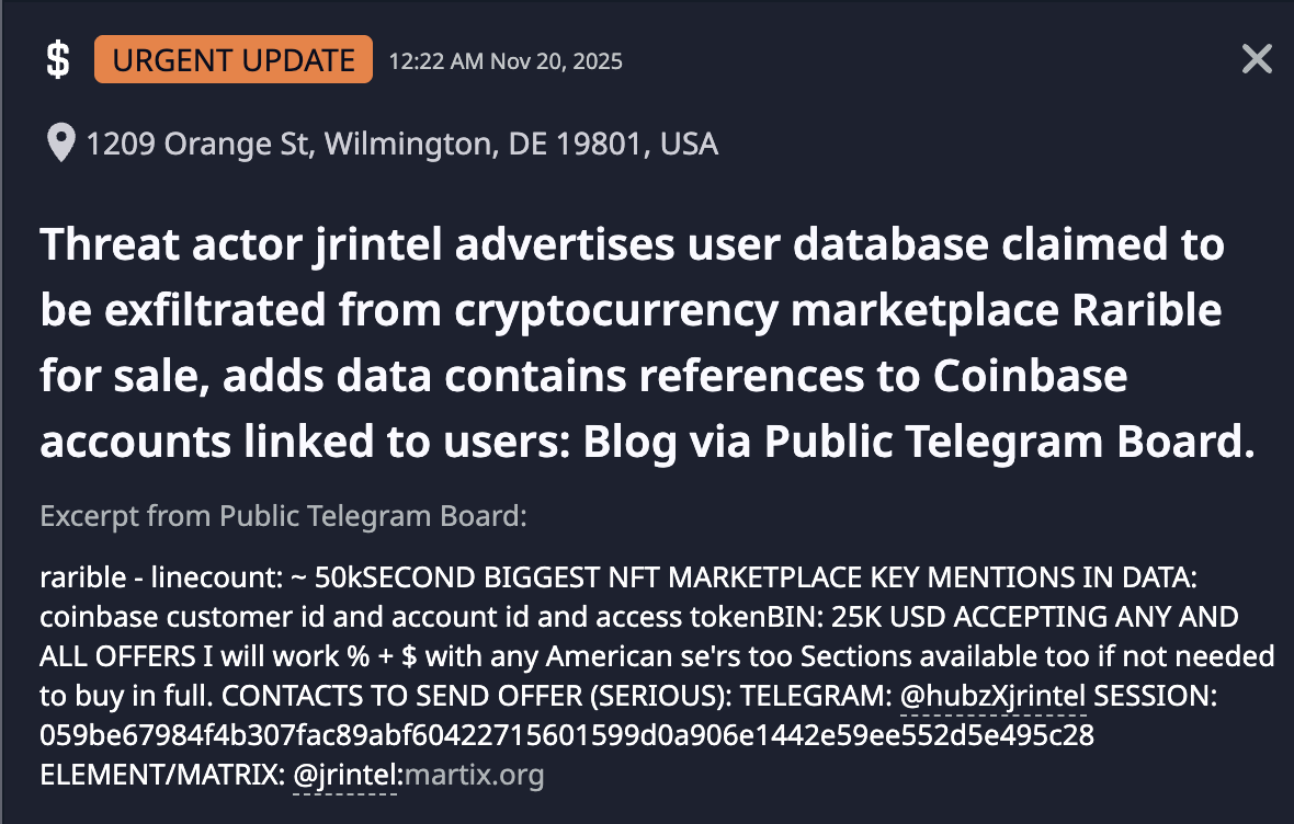 Dataminr alert of threat actor jrintel advertising purported cryptocurrency platform data on Telegram 