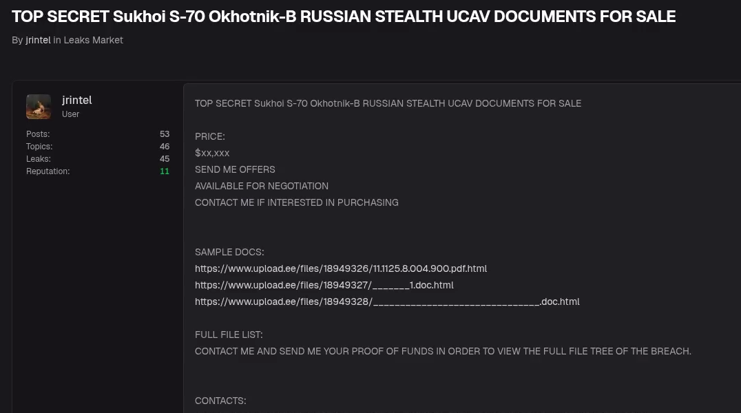 Image of BreachStars post from Dataminr alert offering sale of Russian military documents