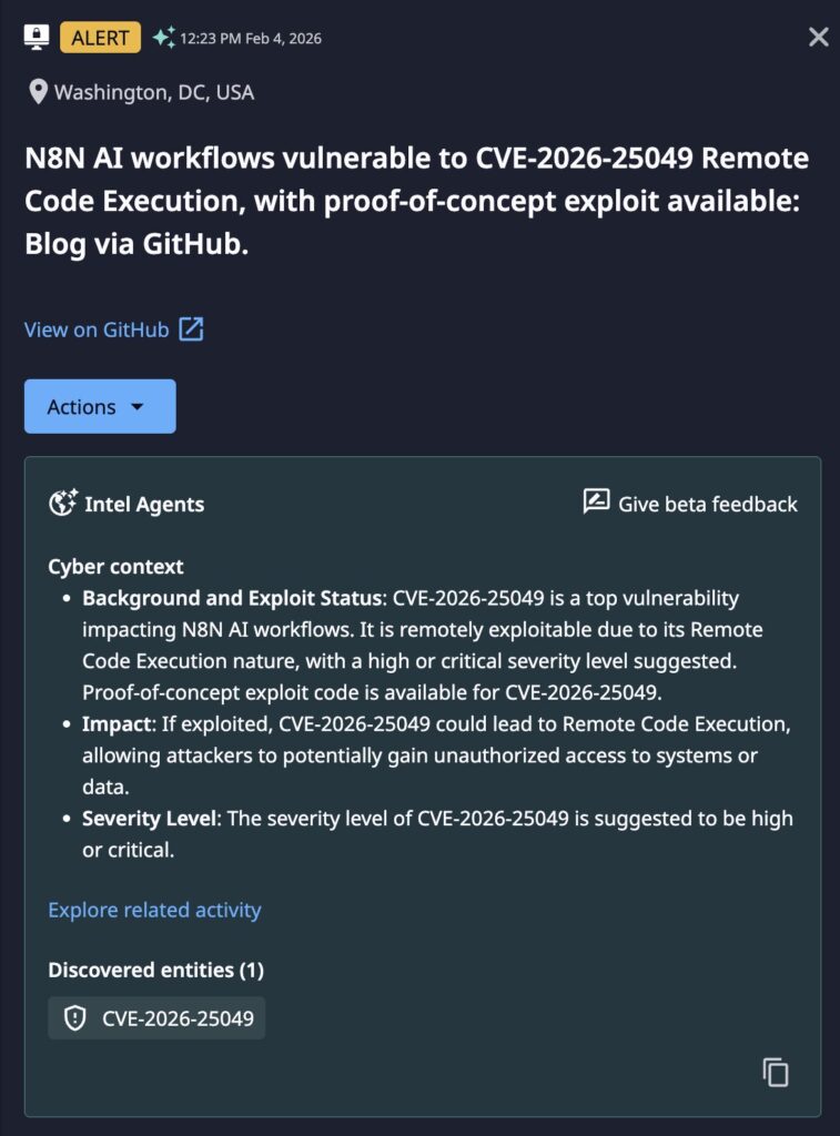 The Dataminr Alert about the n8n exploit POC appearing on GitHub, enhanced by Intel Agents