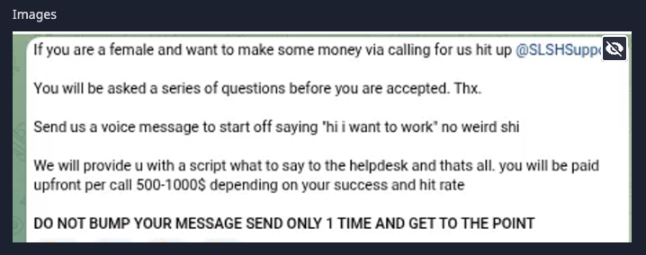 Dataminr’s capture from one of SLH’s Telegram boards recruiting women