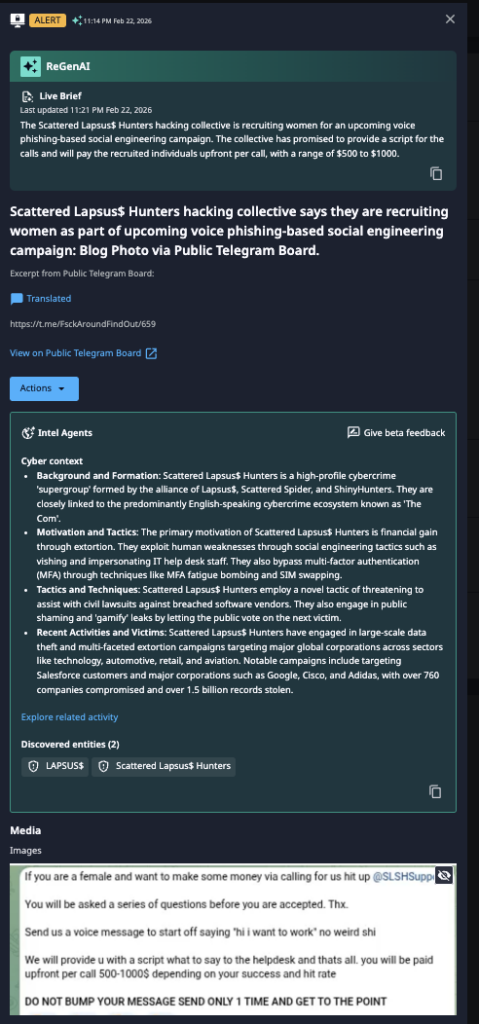 The original Dataminr alert enhanced with critical data from Intel Agents