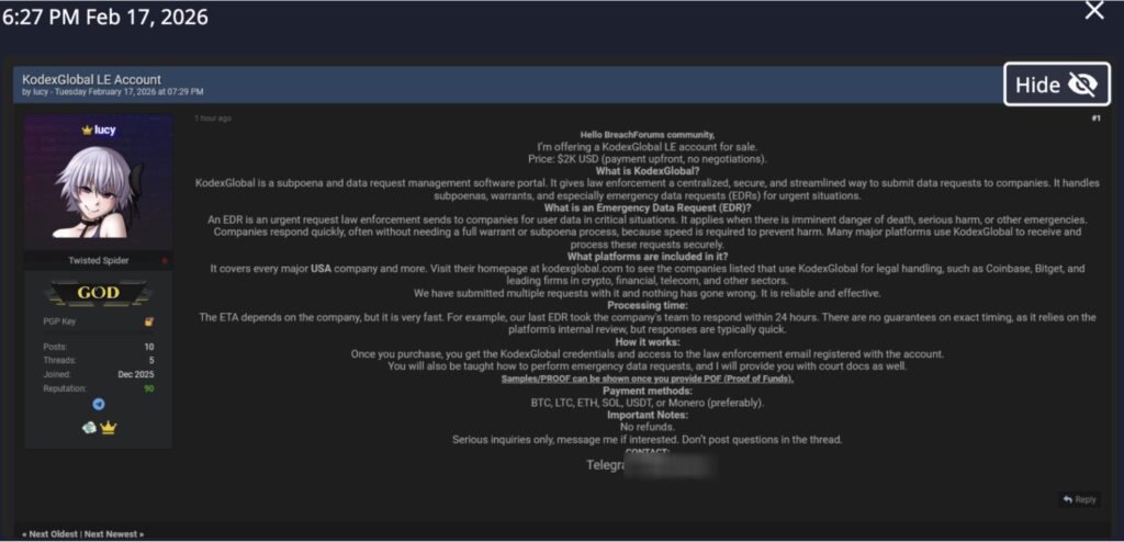 February 17, 2026, 6:27 PM: The first post that Dataminr identified regarding the sale of a standalone KodexGlobal law enforcement account for $2,000.