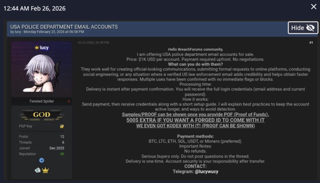 February 26, 2026, 12:44 AM: The following post that Dataminr detected with an expanded offering including USA police department email credentials, forged IDs, and KodexGlobal access.