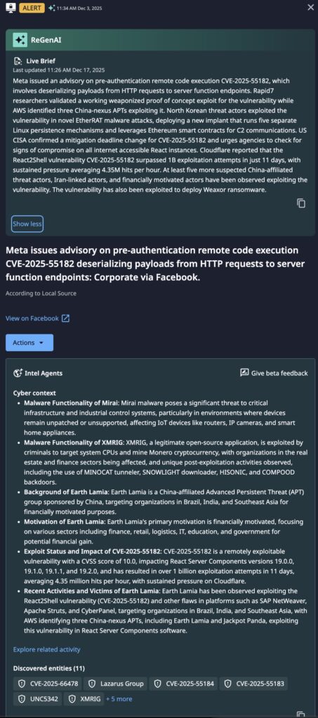 The original Dataminr alert with live updates from ReGenAI and Intel Agents as the incident developed. 