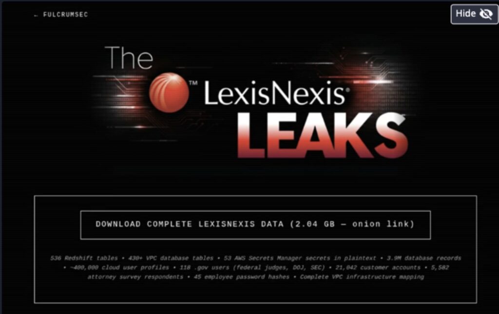 Image from Dataminr alert of FulcrumSec’s claim on dark web breach site