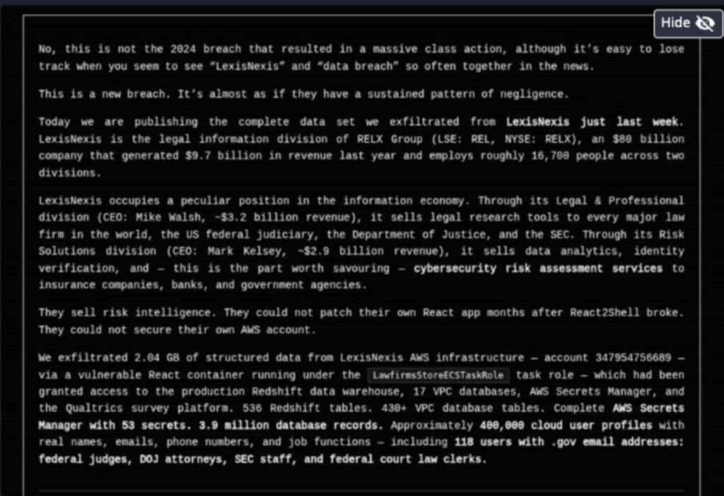 Image from Dataminr alert of FulcrumSec’s claim on dark web breach site
