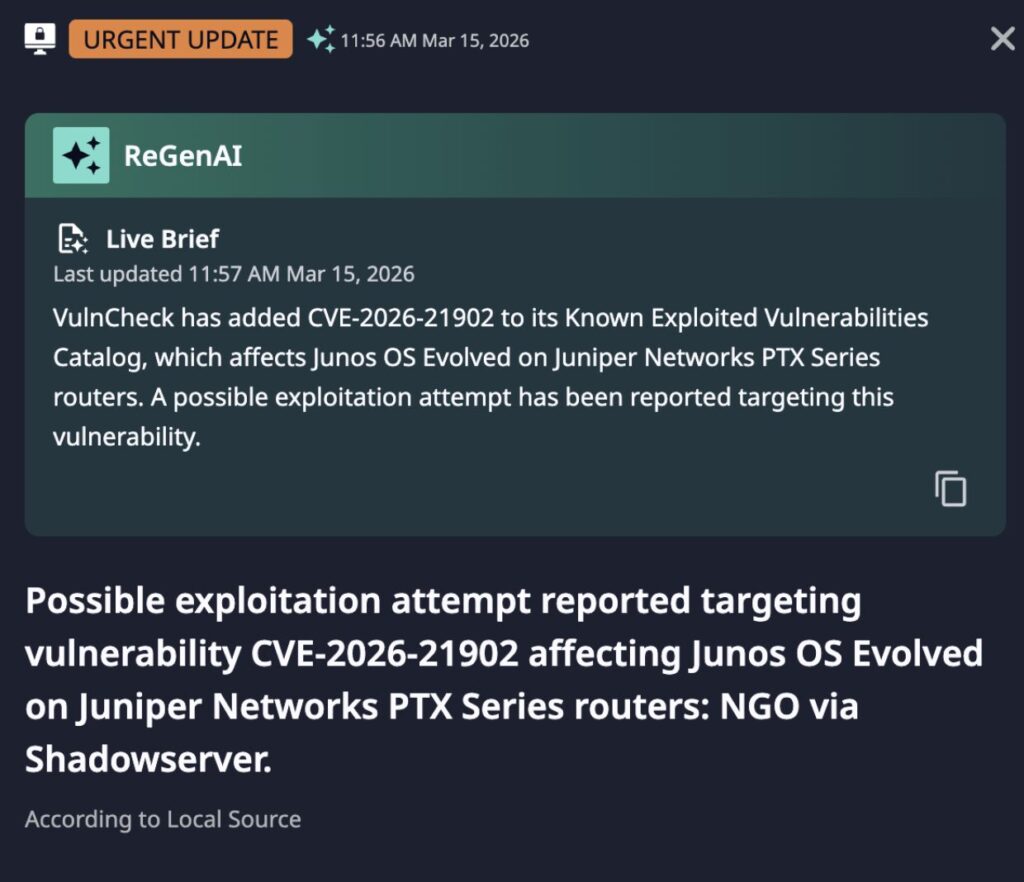 The original Dataminr alert for an exploitation attempt targeting vulnerable Juniper devices