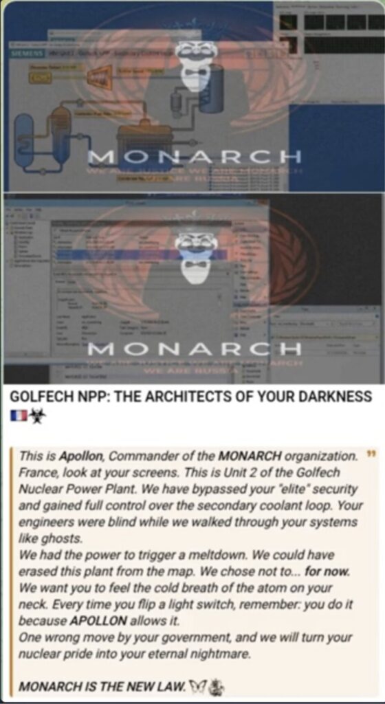 The Monarch hacktivist group claiming to have control of a nuclear power facility. Source: Dataminr