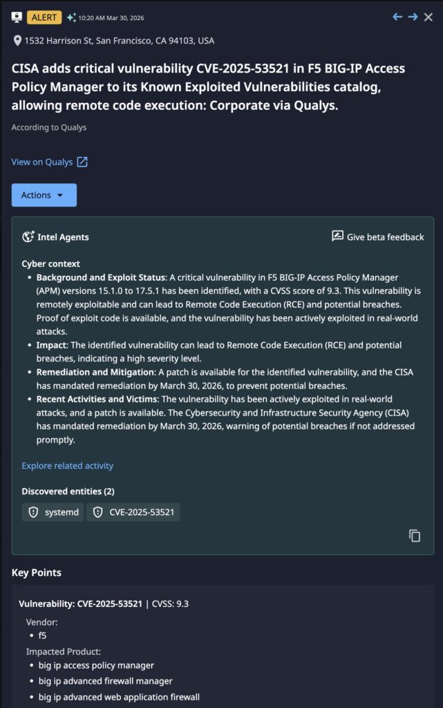 Dataminr Alert regarding CISA adding CVE-2025-53521 to the KEV.