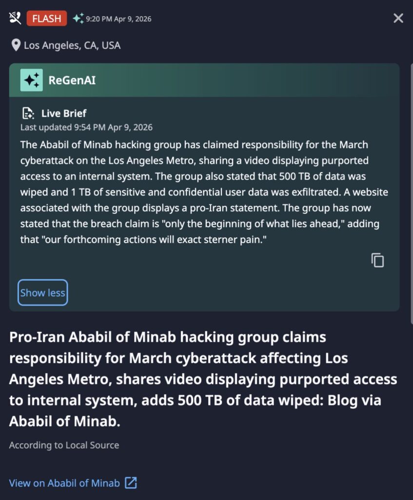Dataminr alert regarding the attack enhanced with a Live Brief summary 