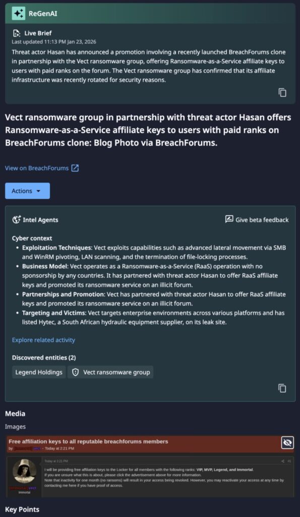 Dataminr alert regarding Vect's operationalization of a partnership with BreachForums