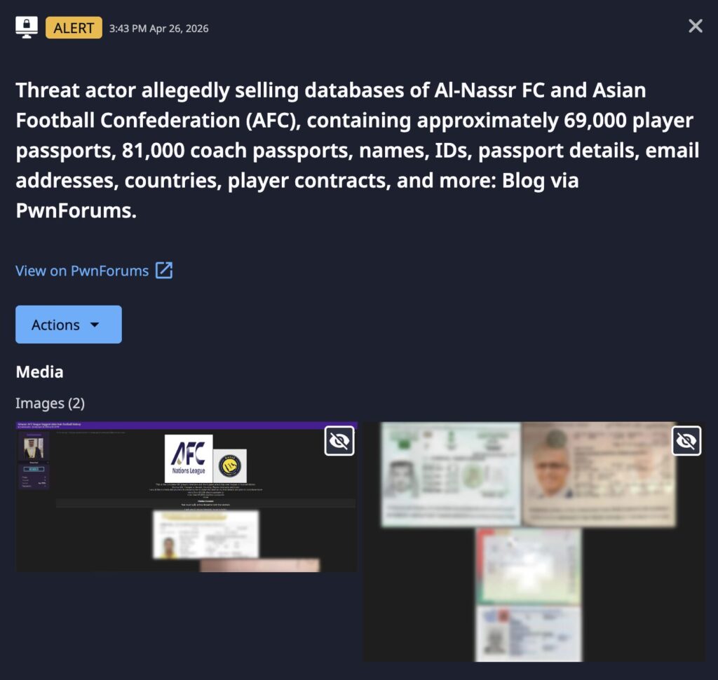 Dataminr alert on PwnForums alleging the breach of a database of international football player and coach information