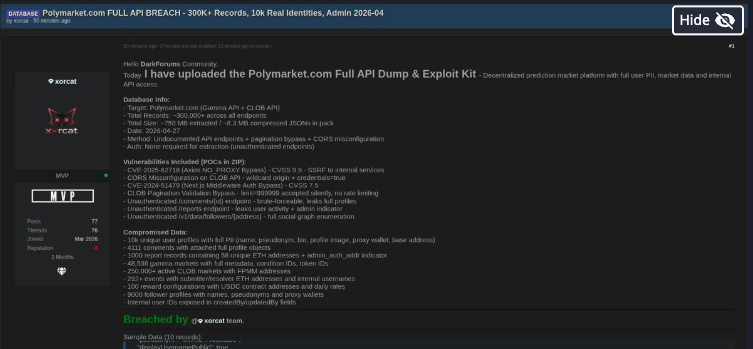 The post on Darkforums alleging a breach of Polymarket
