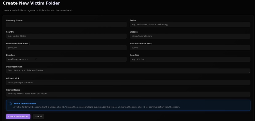 A screen capture from Vect’s affiliate console that shows how a member creates a new victim folder. 