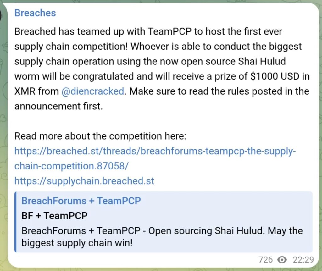 The Telegram screenshot of TeamPCP announcing their affiliate contest using Shai Hulud 3.0
