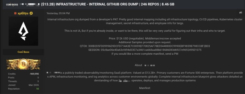 xpl0itrs advertising access to the vendor’s internal GitHub data for $12,000.