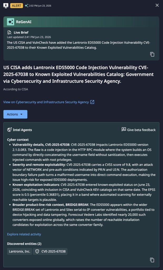 Dataminr Alert on CVE-2025-67038 including enhanced context from Intel Agents