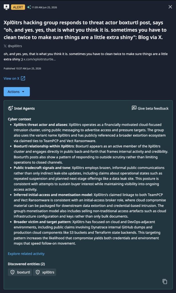 Dataminr alerting on xpl0itrs engagement with box turtle's teaser post