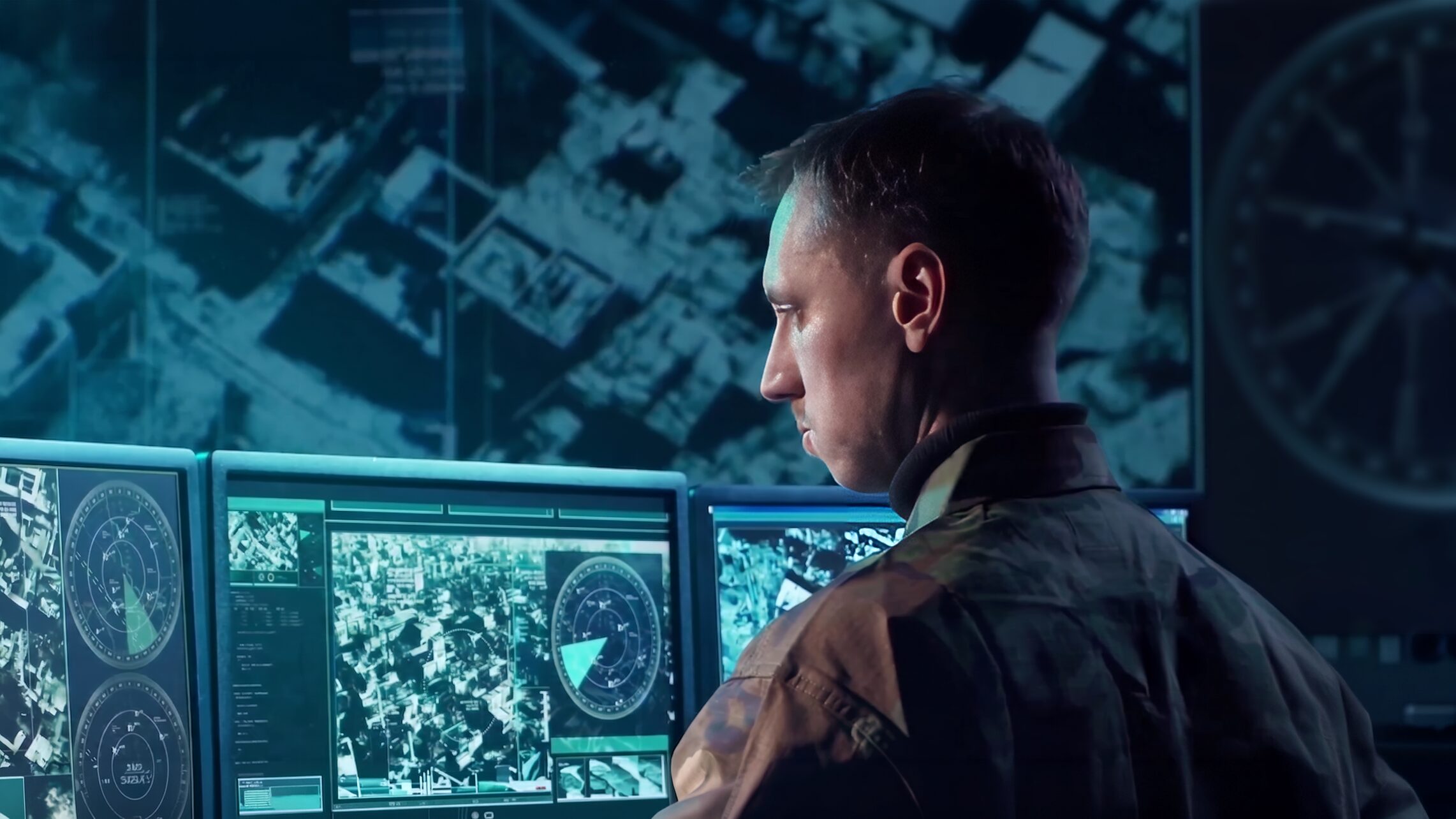 Military personnel standing in front of a bank of monitors showing First Alert in use.