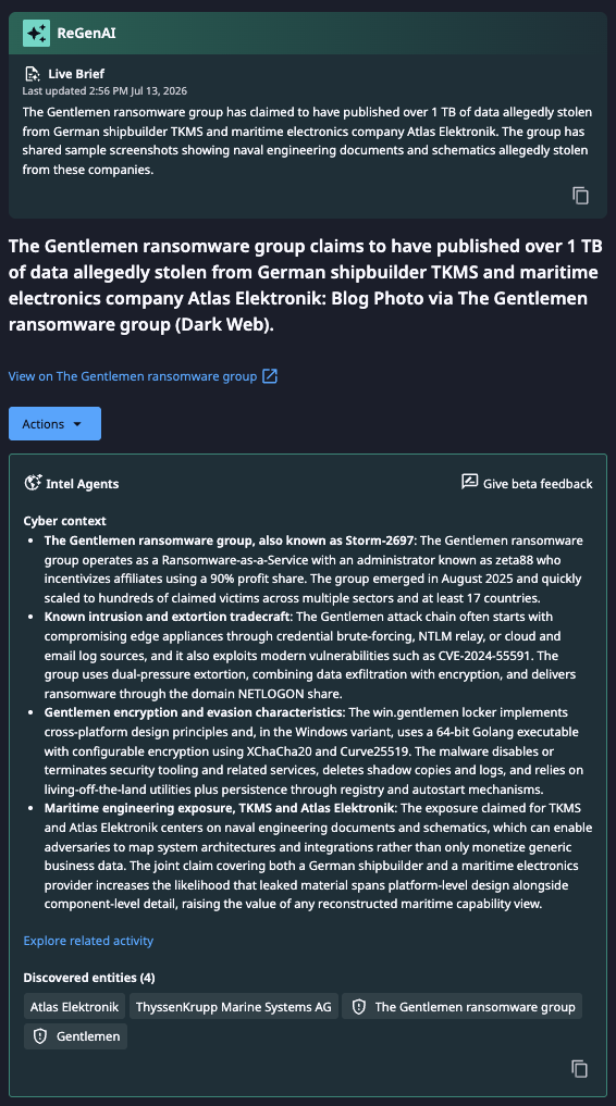 Dataminr alert regarding the Gentlemen ransomware group claiming responsibility of the breach