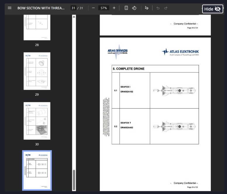 The Gentlemen ransomware group shares sample screenshots showing naval engineering documents and schematics allegedly stolen from Atlas Elektronik and TKMS. Source: Dataminr