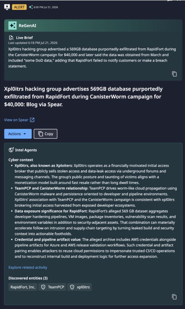 Dataminr alerting on this incident related to xpl0itrs breaching RapidFort. Enhanced with Intel Agents