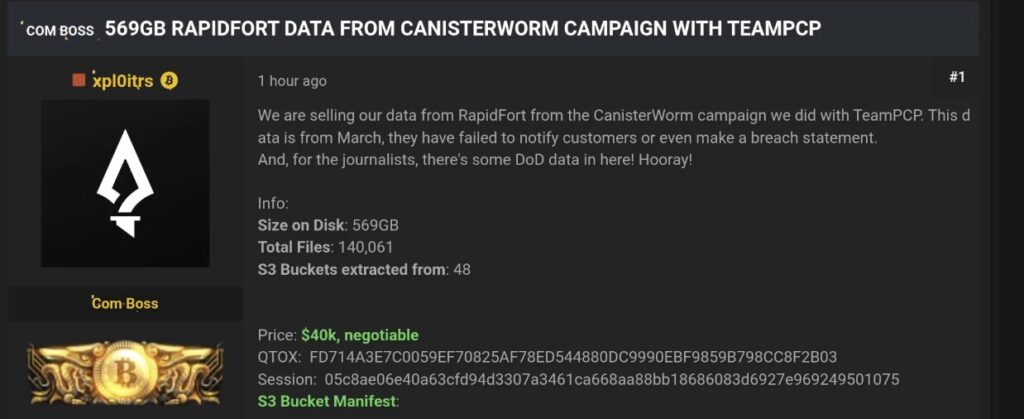 The post by xpl0itrs posting the allegedly stolen data for sale