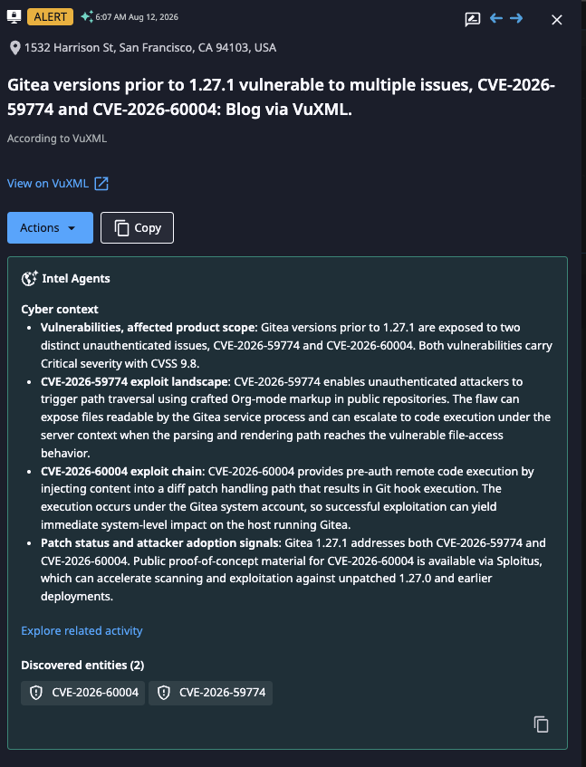 Dataminr alerting on two of the CVEs mentioned. Source: Dataminr
